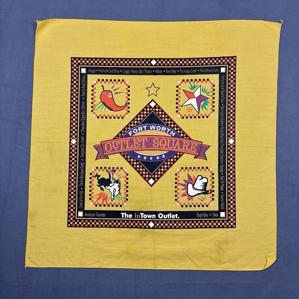 Vintage Bandana Texas FORT WORTH WESTERN Outlet Square Yellow Checkered